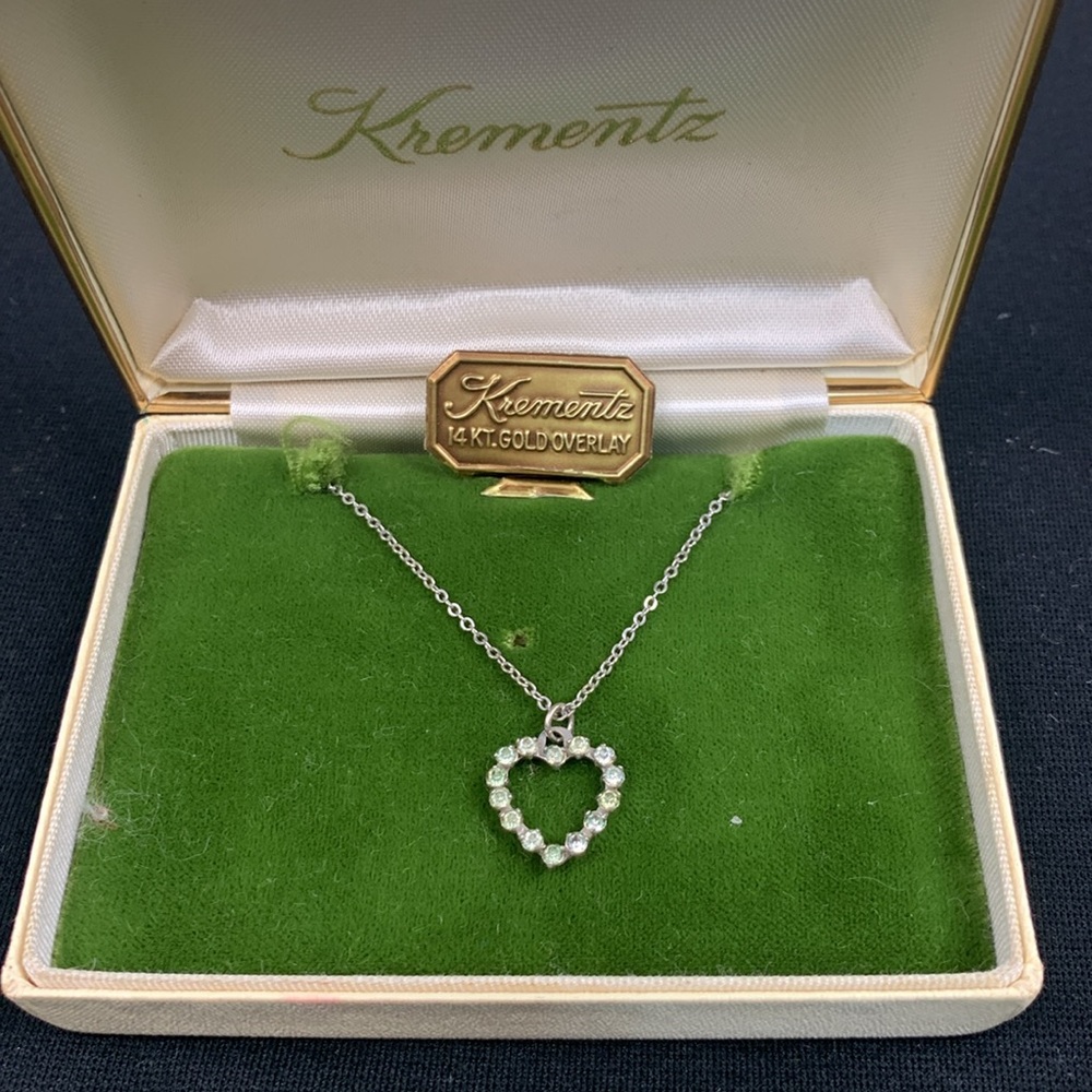 14K Gold Overlay Krementz silver Heart Pendant Necklace 18” Vintage Lt Green